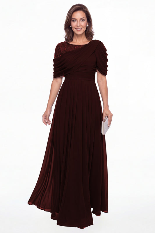 Burgundy Scoop Sequin Chiffon A-Line Maxi Gown - Front View