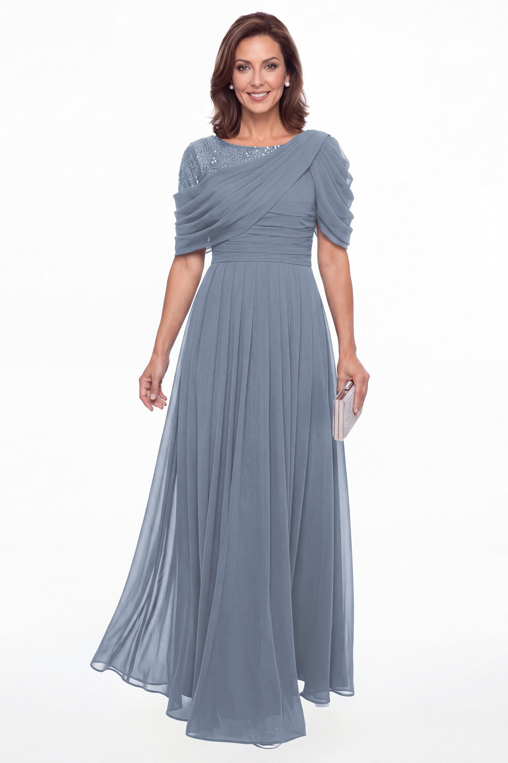 Dusty Blue Scoop Sequin Chiffon A-Line Maxi Gown - Front View