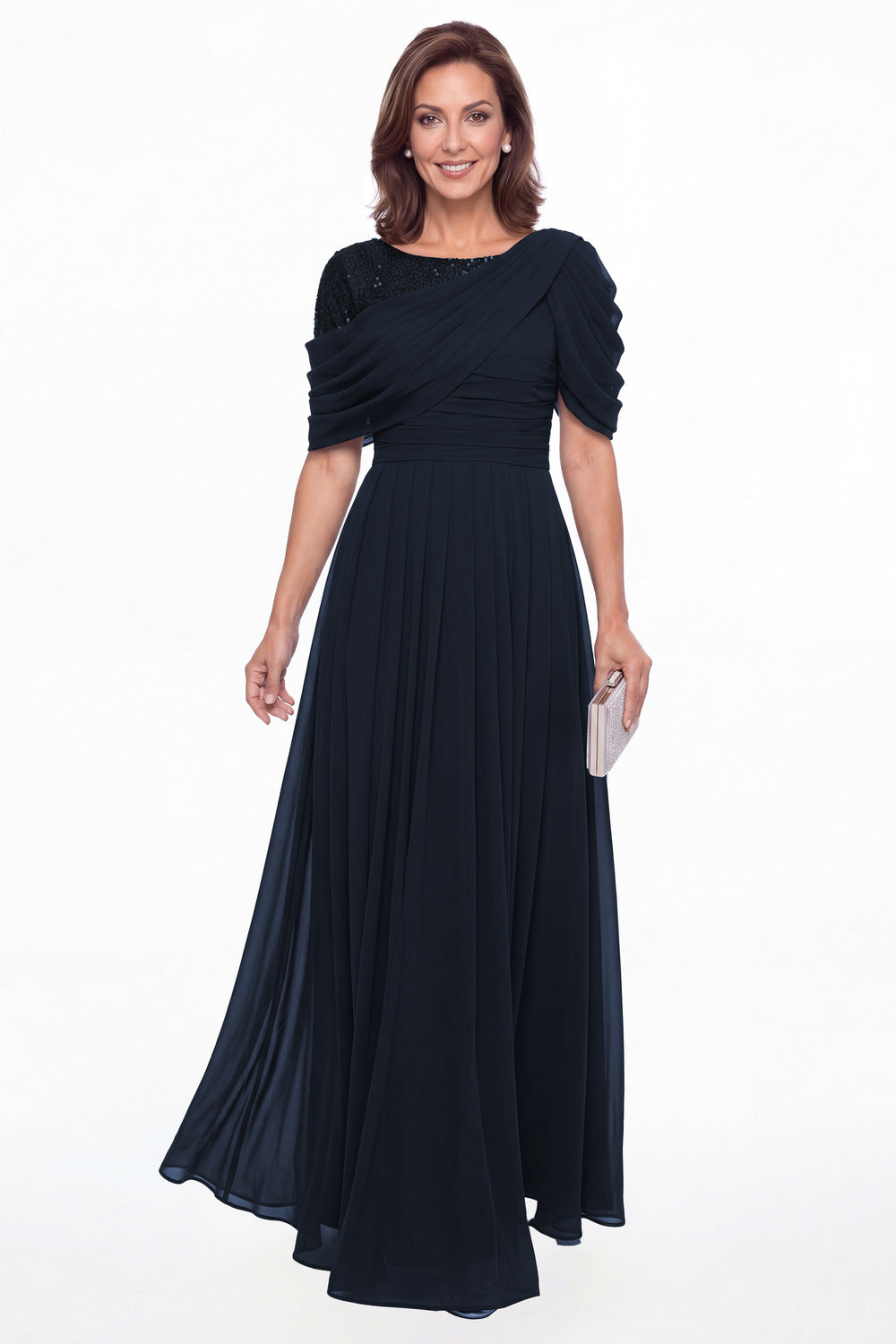 Navy Blue Scoop Sequin Chiffon A-Line Maxi Gown - Front View