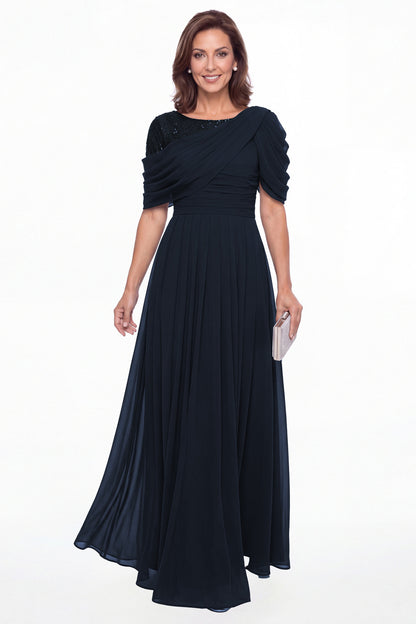 Navy Blue Scoop Sequin Chiffon A-Line Maxi Gown - Front View