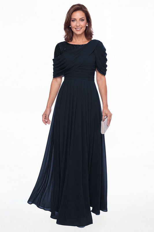Navy Blue Scoop Sequin Chiffon A-Line Maxi Gown - Front View