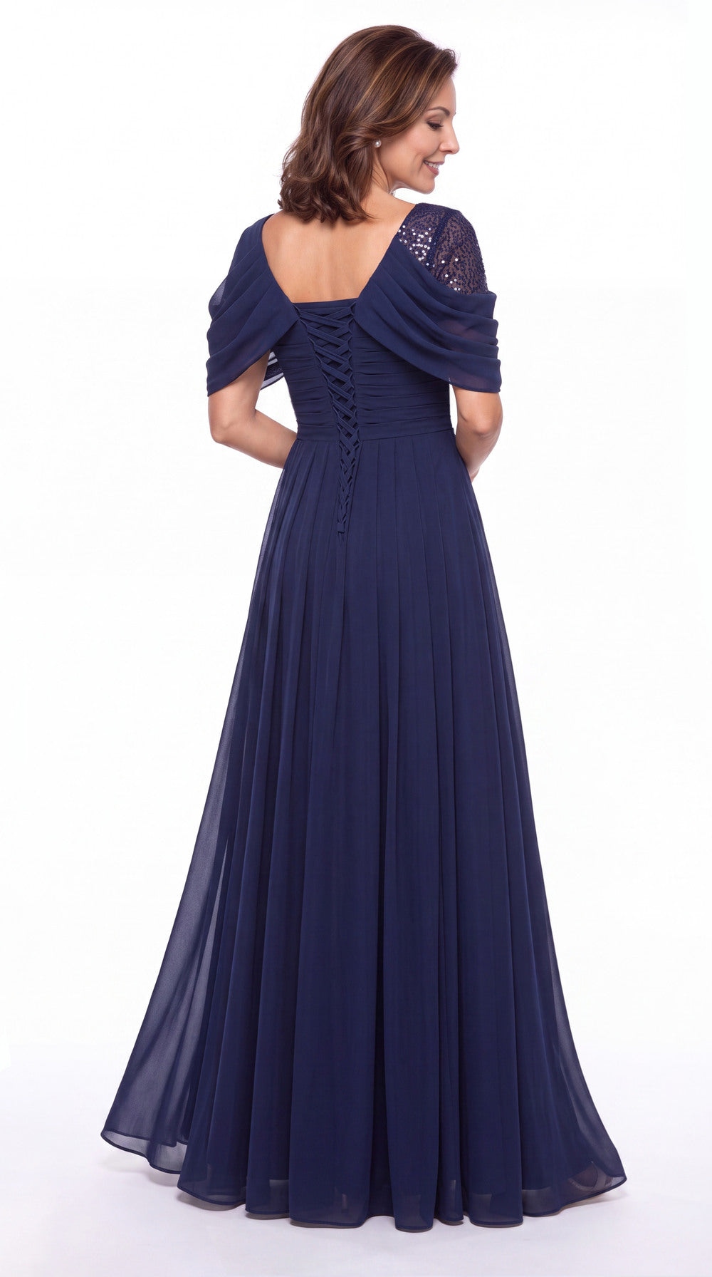 Black Scoop Sequin Chiffon A-Line Maxi Gown - Front View