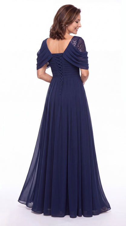Black Scoop Sequin Chiffon A-Line Maxi Gown - Front View