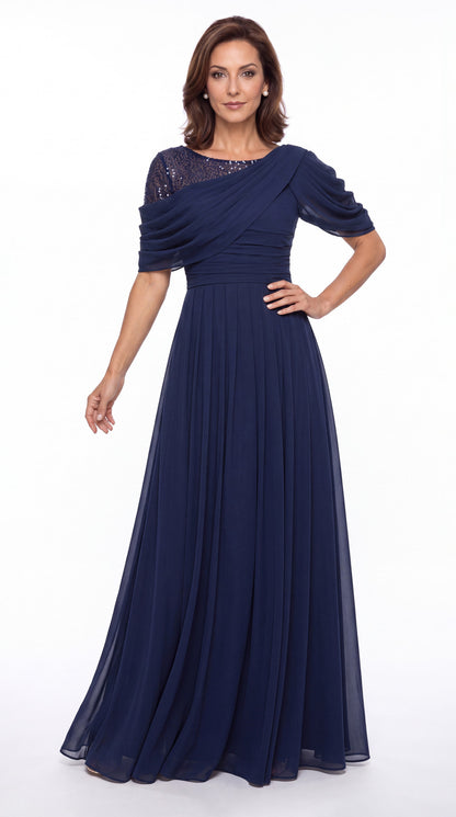 Scoop Sequin Chiffon A-Line Maxi Gown - Detail View 4