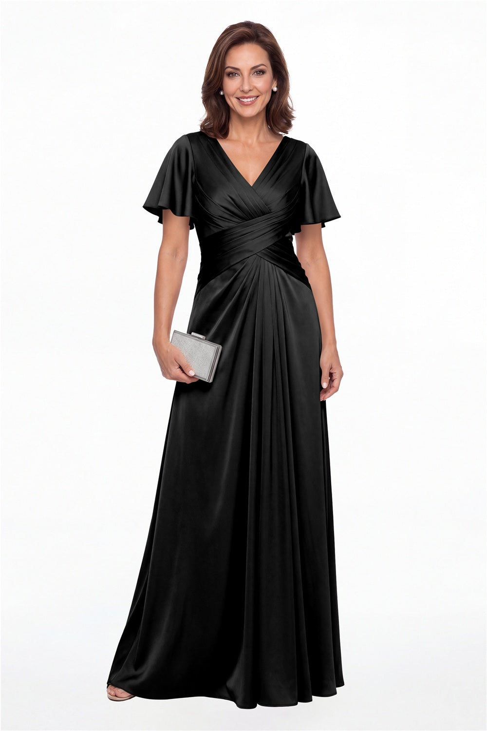 Black V Neck Ruched Satin A-Line Maxi Gown - Front View