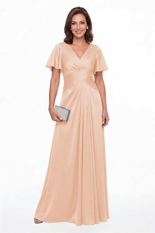 Blush Pink V Neck Ruched Satin A-Line Maxi Gown - Front View