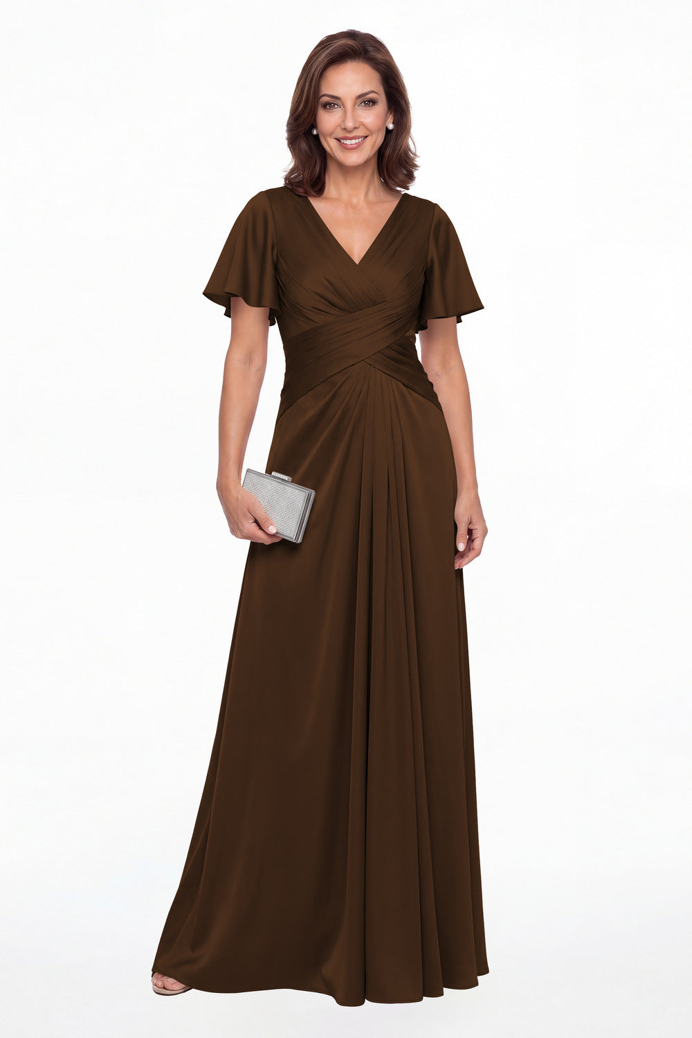 Brown V Neck Ruched Satin A-Line Maxi Gown - Front View