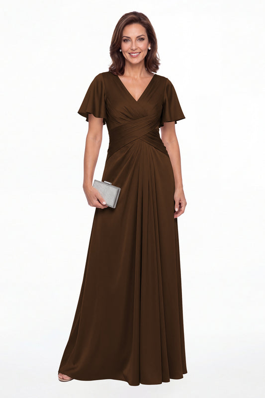 Brown V Neck Ruched Satin A-Line Maxi Gown - Front View