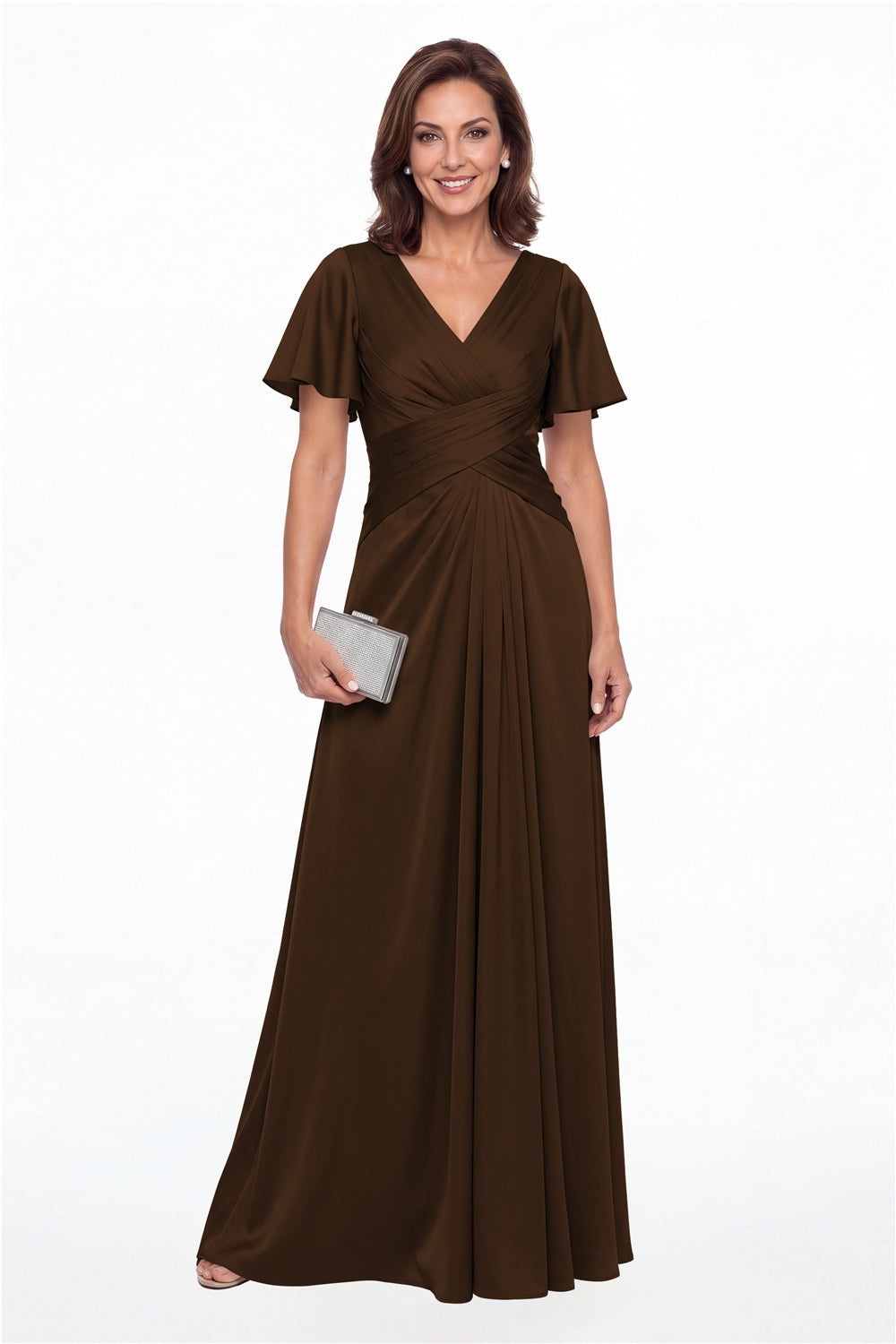 Brown V Neck Ruched Satin A-Line Maxi Gown - Front View