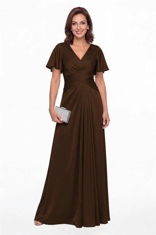Brown V Neck Ruched Satin A-Line Maxi Gown - Front View