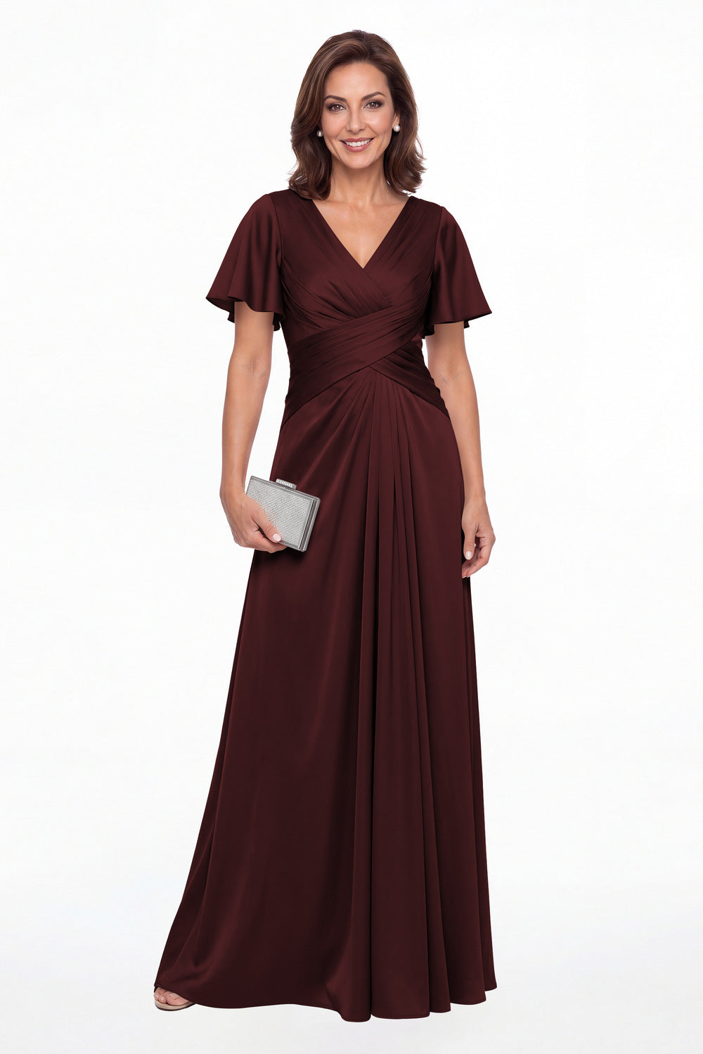 Burgundy V Neck Ruched Satin A-Line Maxi Gown - Front View