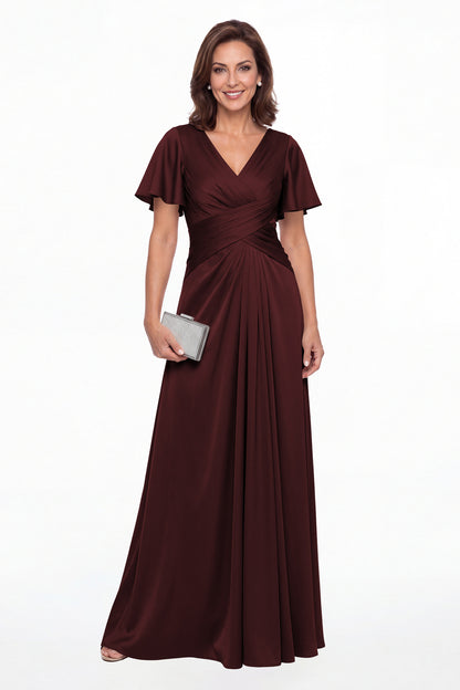 Burgundy V Neck Ruched Satin A-Line Maxi Gown - Front View