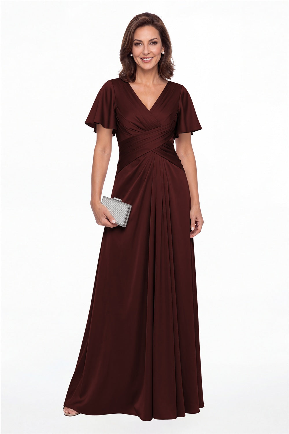 Burgundy V Neck Ruched Satin A-Line Maxi Gown - Front View