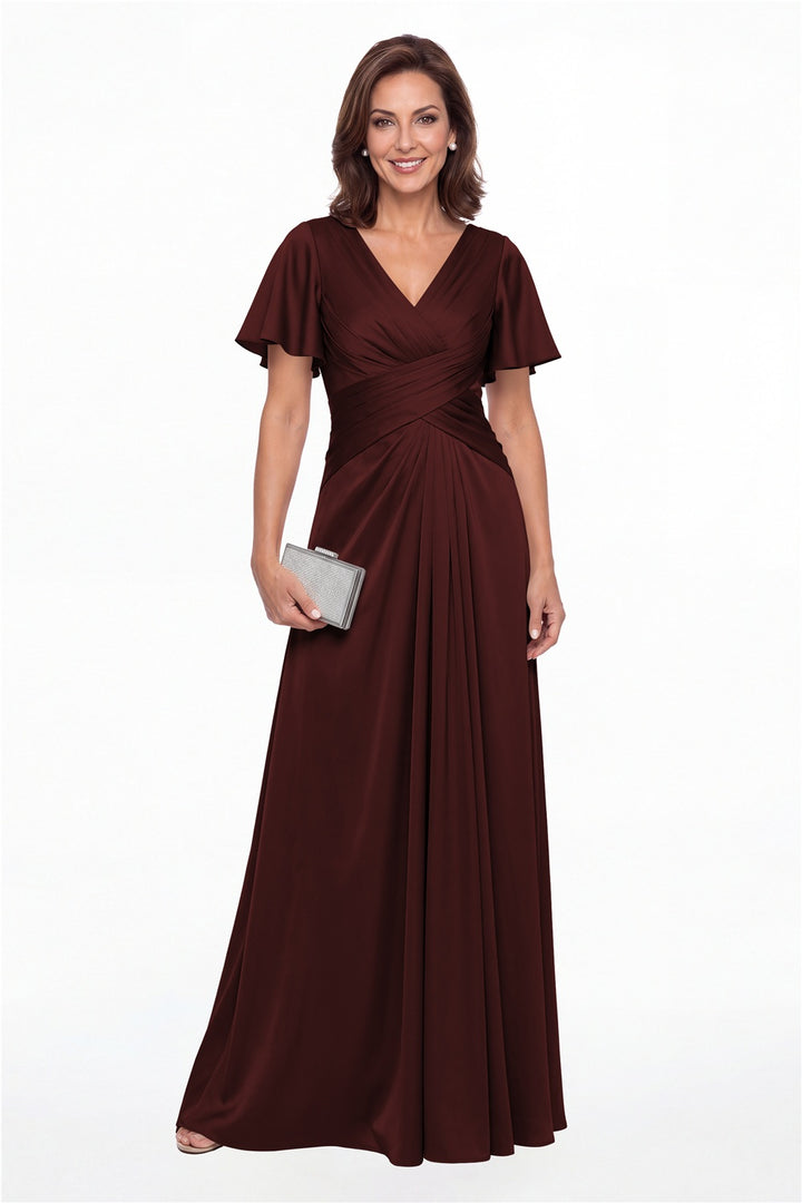 Burgundy V Neck Ruched Satin A-Line Maxi Gown - Front View