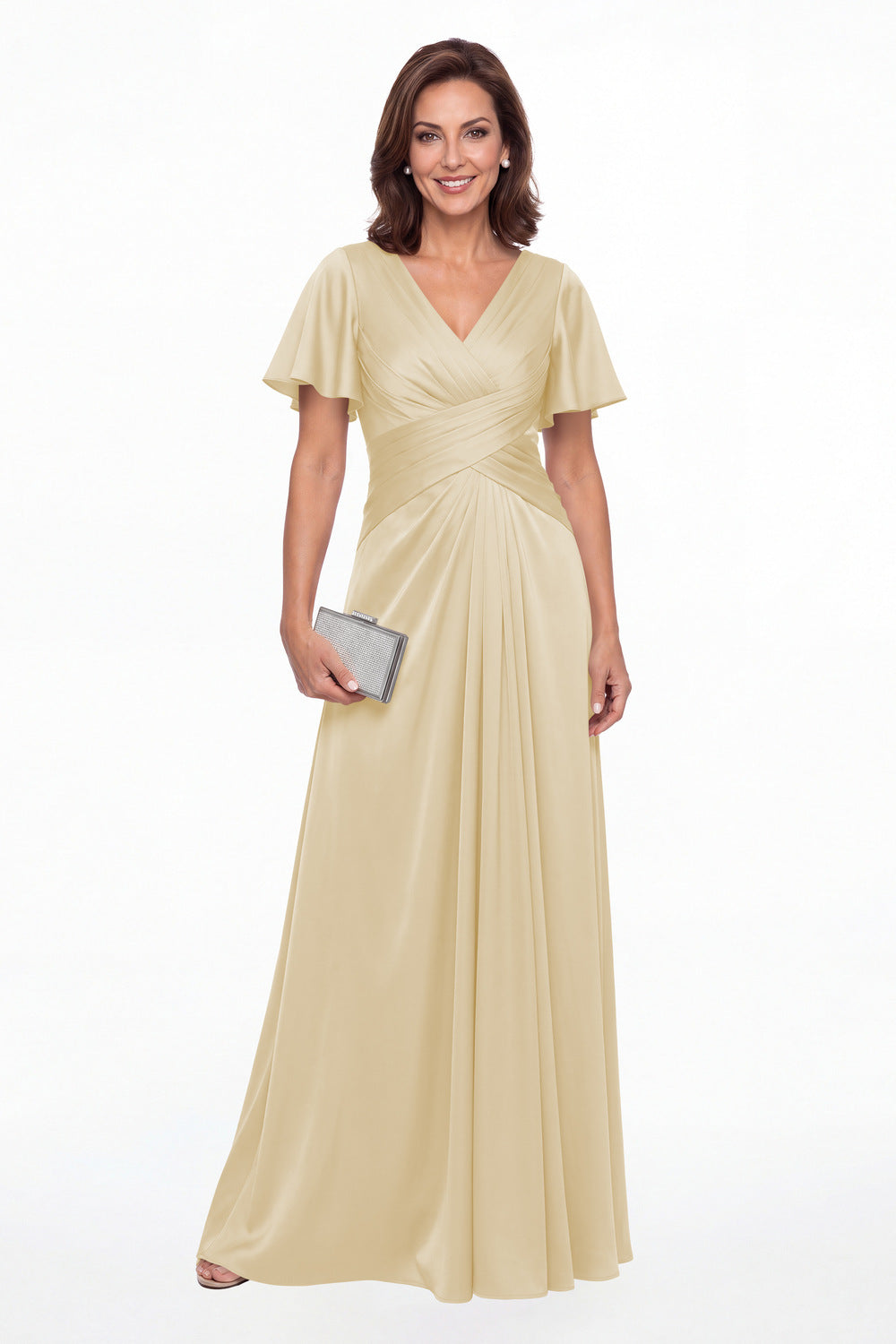 Champagne V Neck Ruched Satin A-Line Maxi Gown - Front View