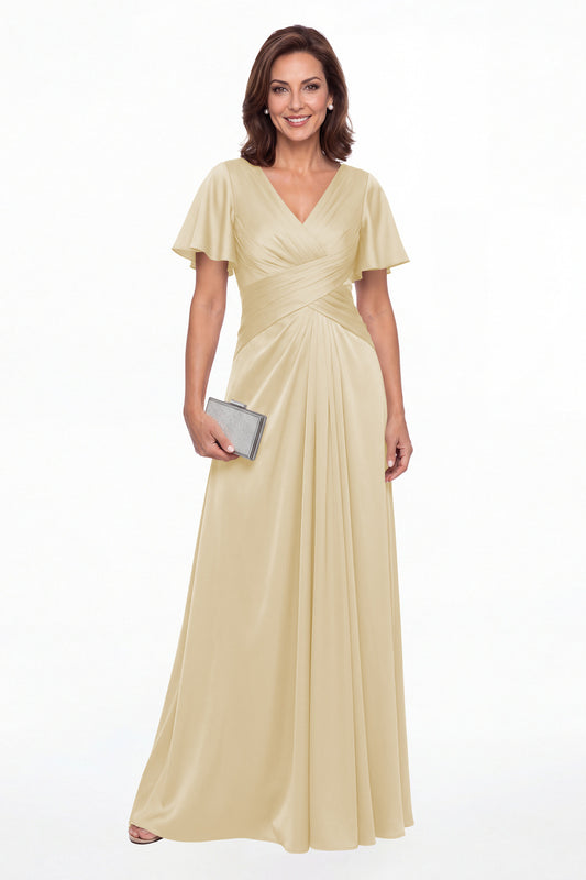 Champagne V Neck Ruched Satin A-Line Maxi Gown - Front View