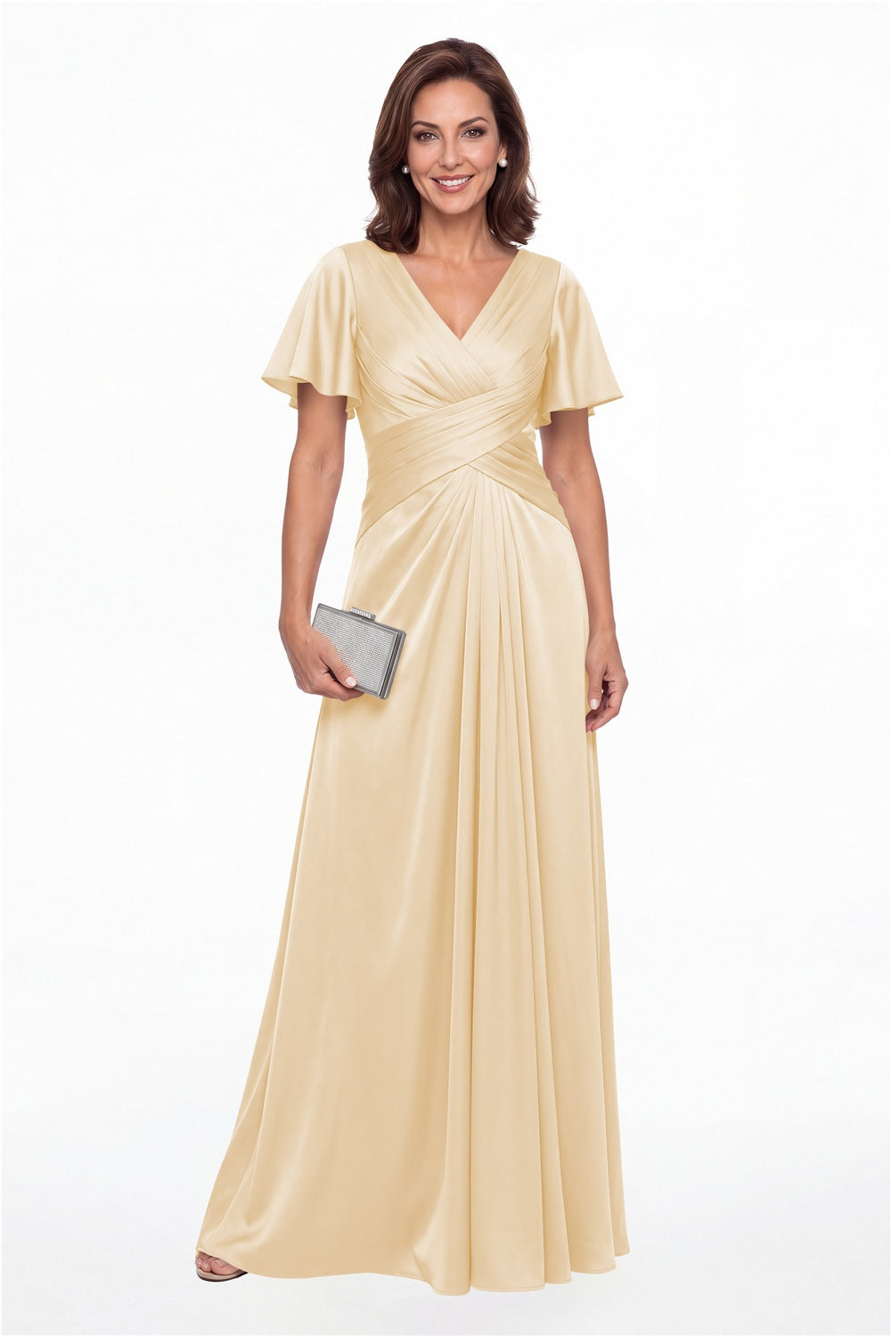 Champagne V Neck Ruched Satin A-Line Maxi Gown - Front View