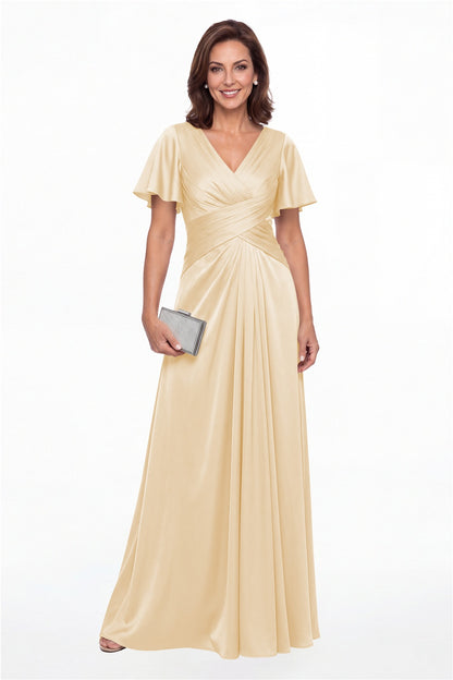 Champagne V Neck Ruched Satin A-Line Maxi Gown - Front View