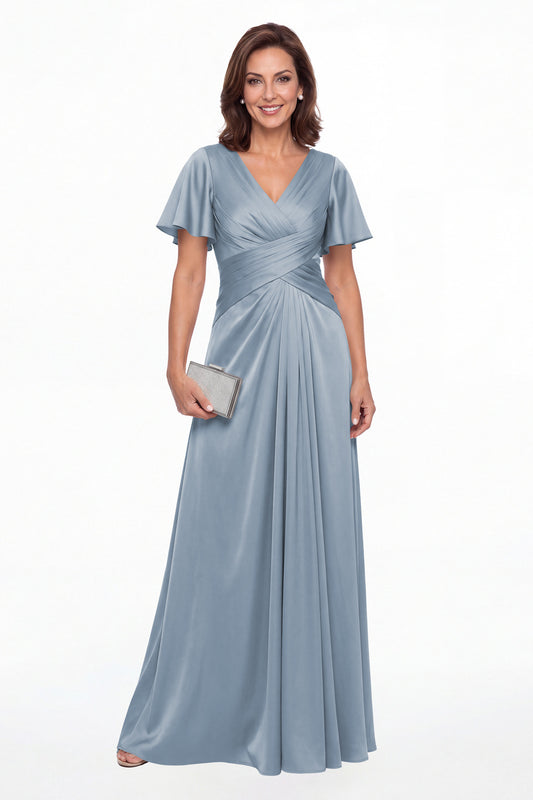 Dusty Blue V Neck Ruched Satin A-Line Maxi Gown - Front View