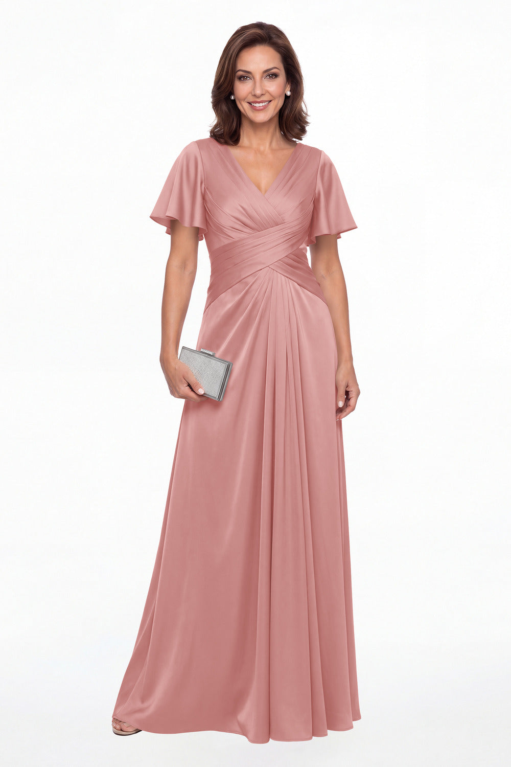 Dusty Rose V Neck Ruched Satin A-Line Maxi Gown - Front View