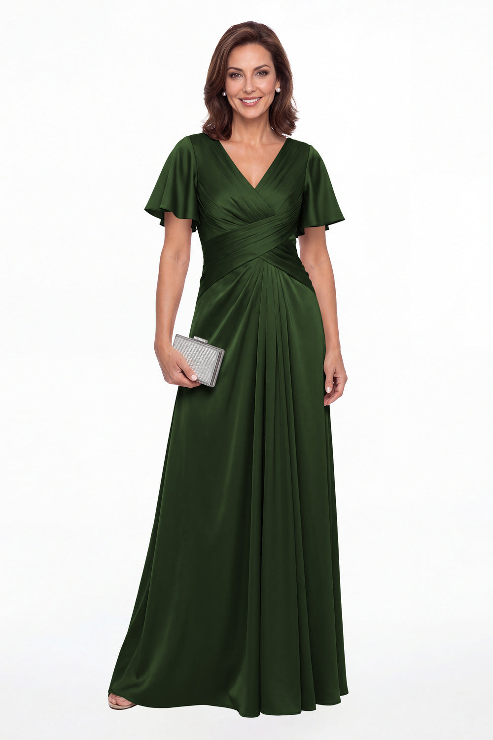 Emerald Green V Neck Ruched Satin A-Line Maxi Gown - Front View