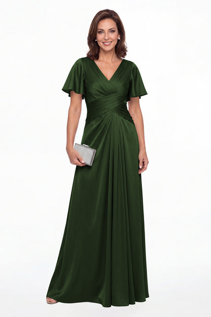 Emerald Green V Neck Ruched Satin A-Line Maxi Gown - Front View