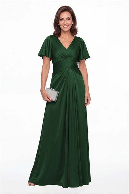 Emerald Green V Neck Ruched Satin A-Line Maxi Gown - Front View