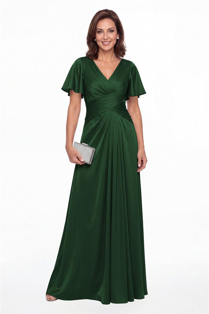 Emerald Green V Neck Ruched Satin A-Line Maxi Gown - Front View