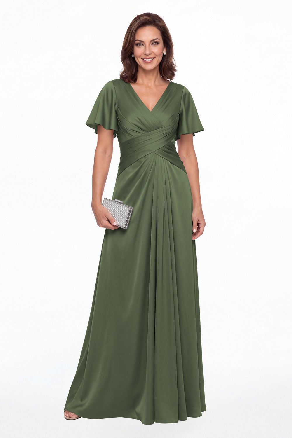 Moss Green V Neck Ruched Satin A-Line Maxi Gown - Front View