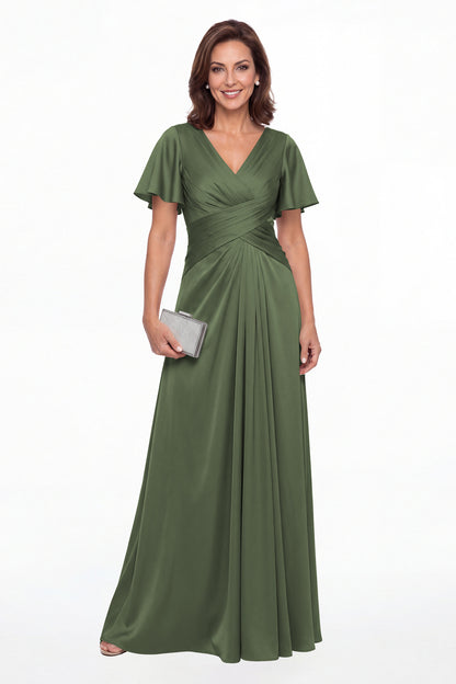 Moss Green V Neck Ruched Satin A-Line Maxi Gown - Front View