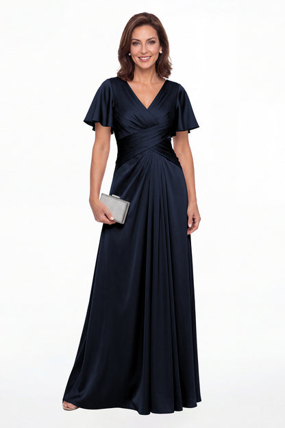 Navy Blue V Neck Ruched Satin A-Line Maxi Gown - Front View