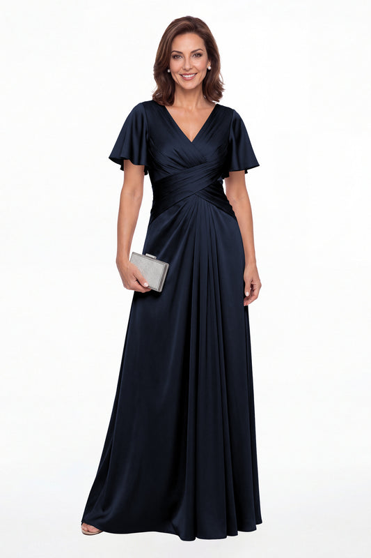 Navy Blue V Neck Ruched Satin A-Line Maxi Gown - Front View