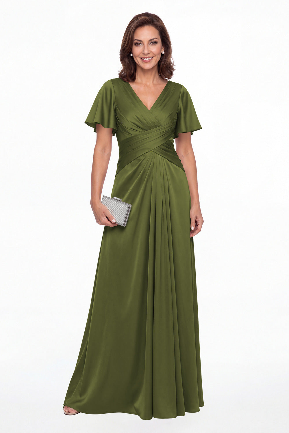 Olive Green V Neck Ruched Satin A-Line Maxi Gown - Front View