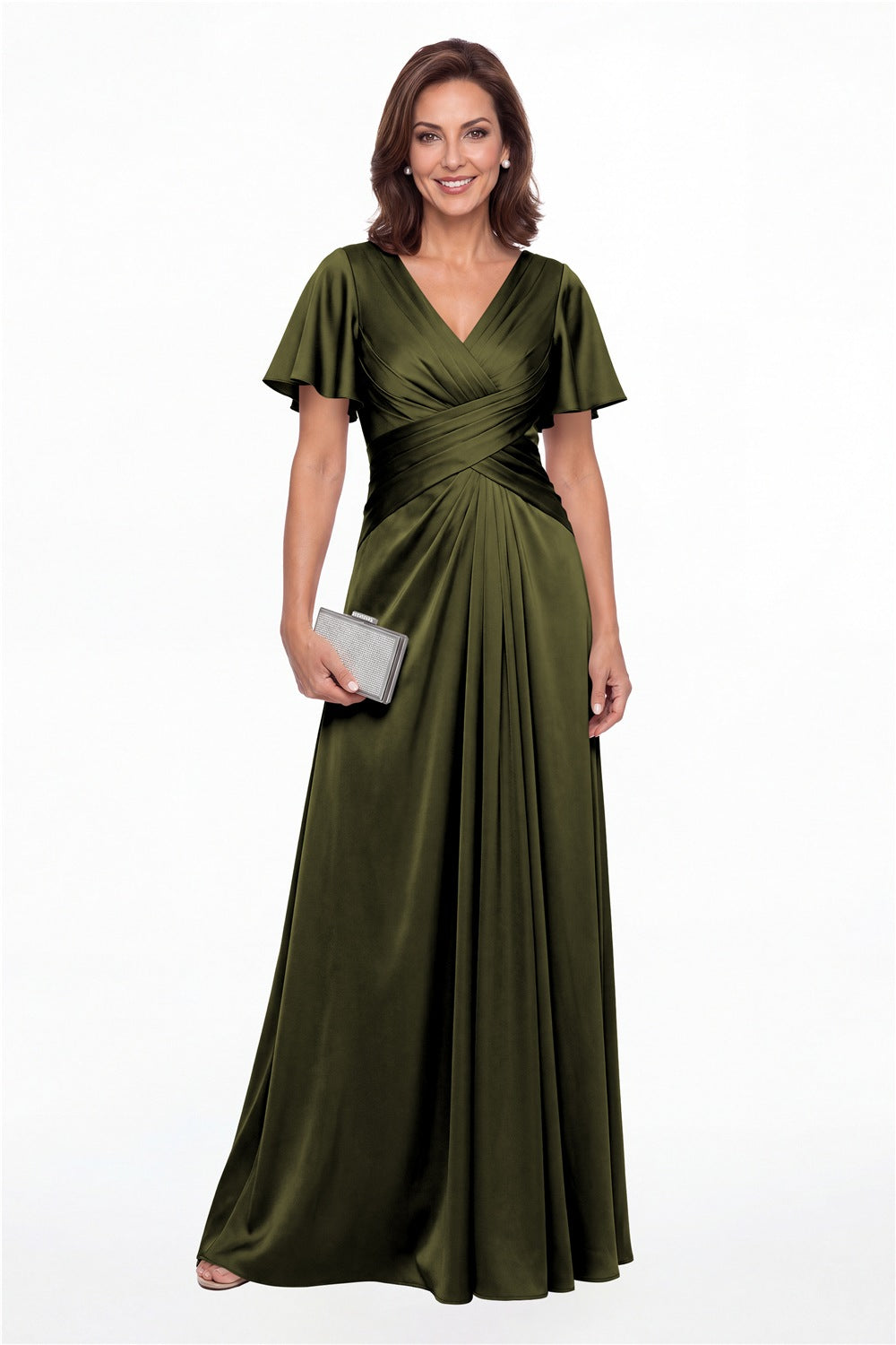Olive Green V Neck Ruched Satin A-Line Maxi Gown - Front View