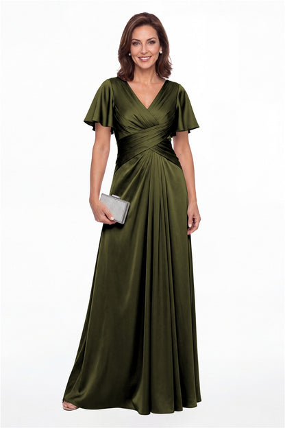 Olive Green V Neck Ruched Satin A-Line Maxi Gown - Front View