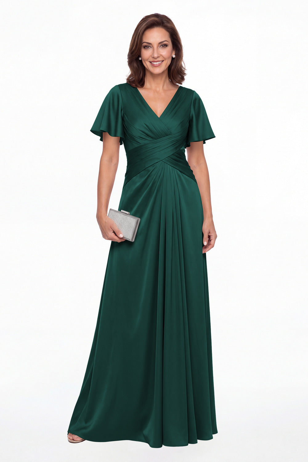 Peacock V Neck Ruched Satin A-Line Maxi Gown - Front View
