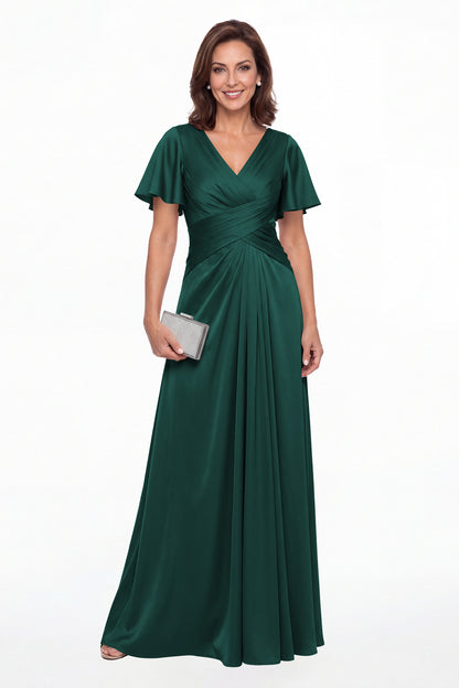 Peacock V Neck Ruched Satin A-Line Maxi Gown - Front View
