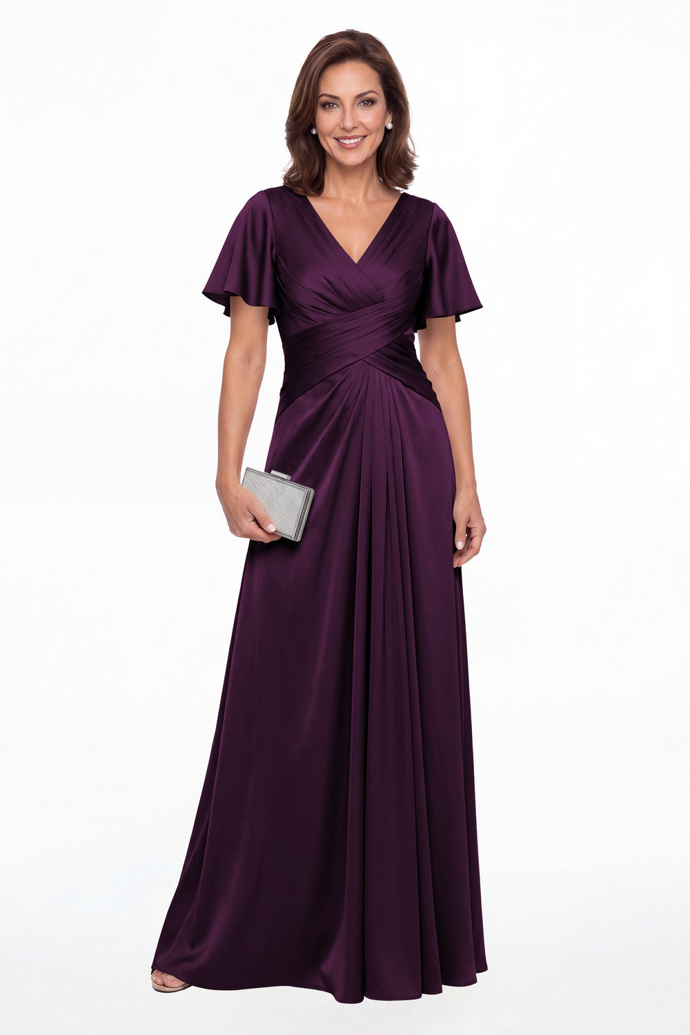 Plum V Neck Ruched Satin A-Line Maxi Gown - Front View