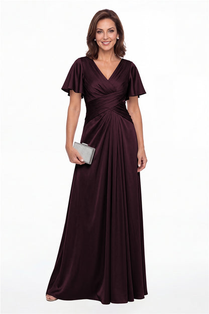 Plum V Neck Ruched Satin A-Line Maxi Gown - Front View