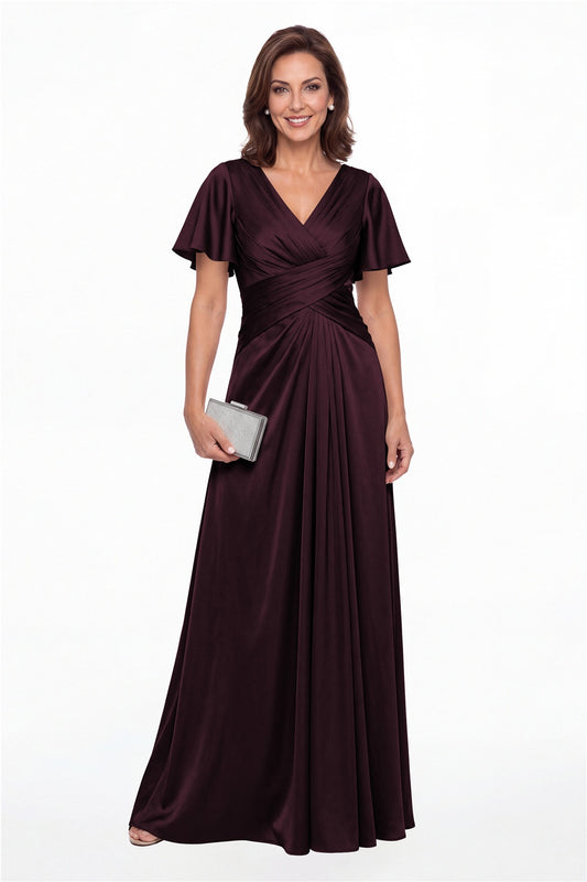 Plum V Neck Ruched Satin A-Line Maxi Gown - Front View