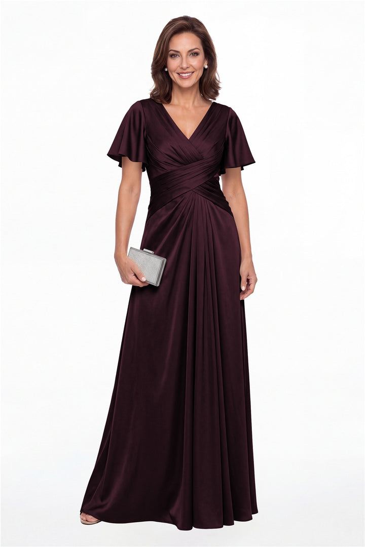 Plum V Neck Ruched Satin A-Line Maxi Gown - Front View