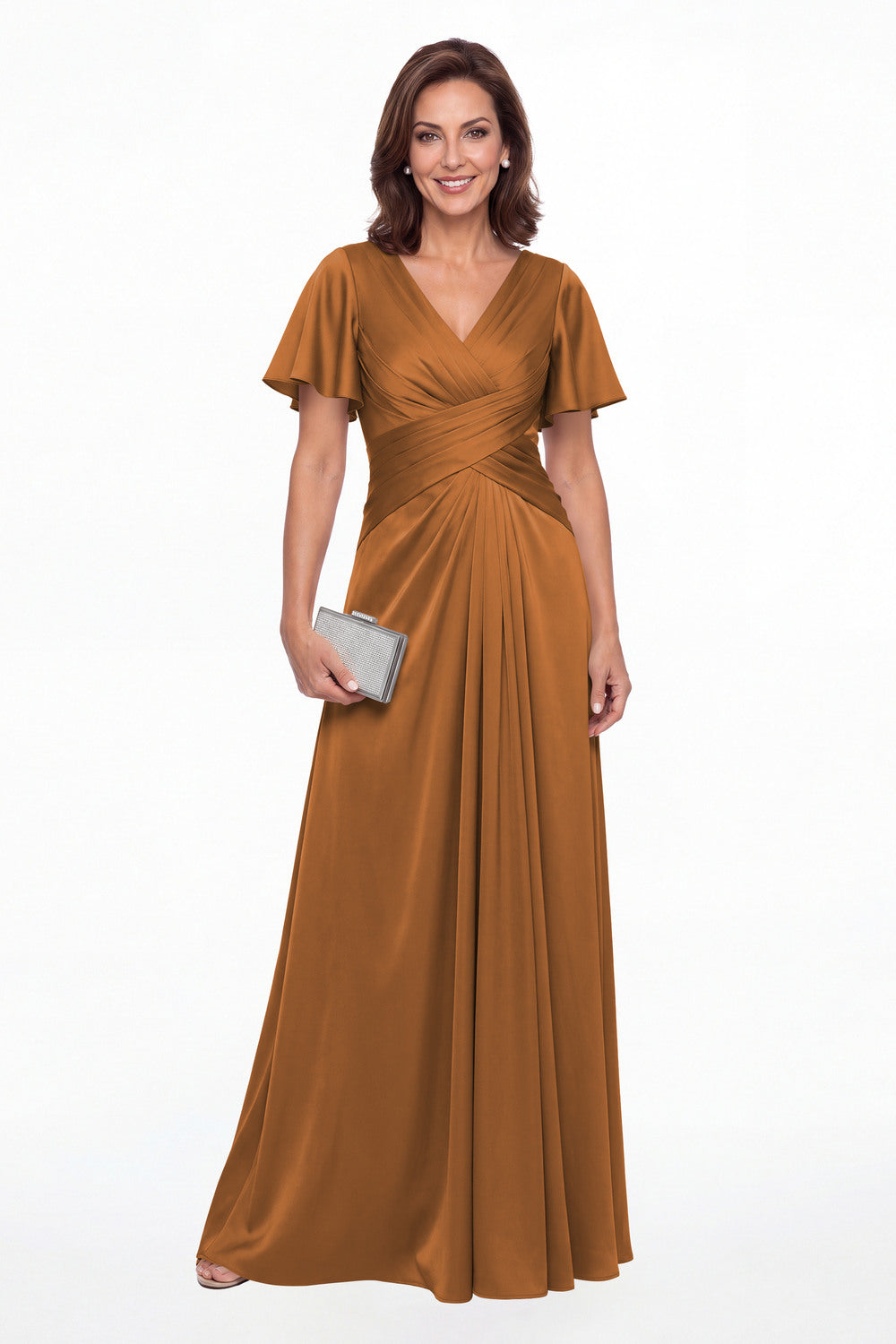 Rust V Neck Ruched Satin A-Line Maxi Gown - Front View