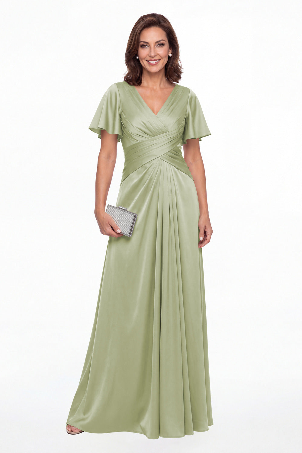 Sage Green V Neck Ruched Satin A-Line Maxi Gown - Front View