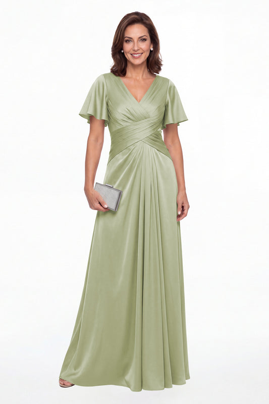 Sage Green V Neck Ruched Satin A-Line Maxi Gown - Front View