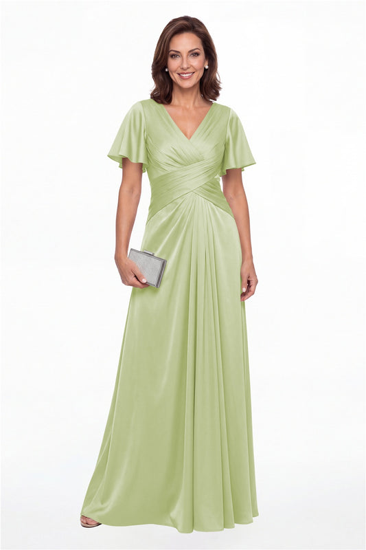 Sage Green V Neck Ruched Satin A-Line Maxi Gown - Front View