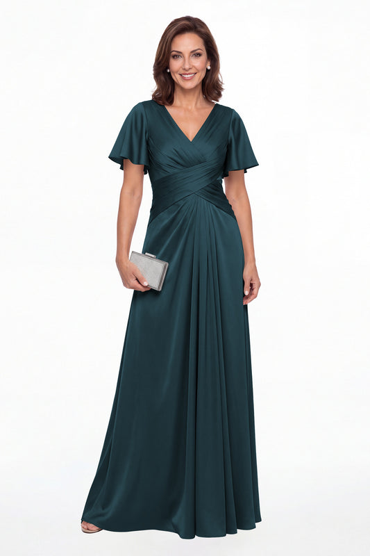 Teal V Neck Ruched Satin A-Line Maxi Gown - Front View