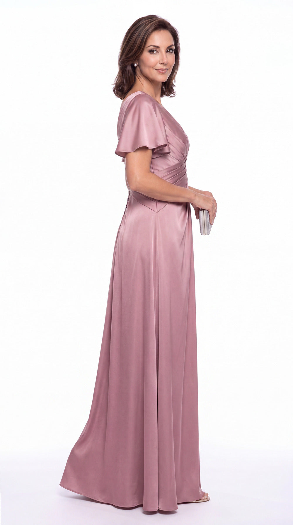 V Neck Ruched Satin A-Line Maxi Gown - Detail View 1