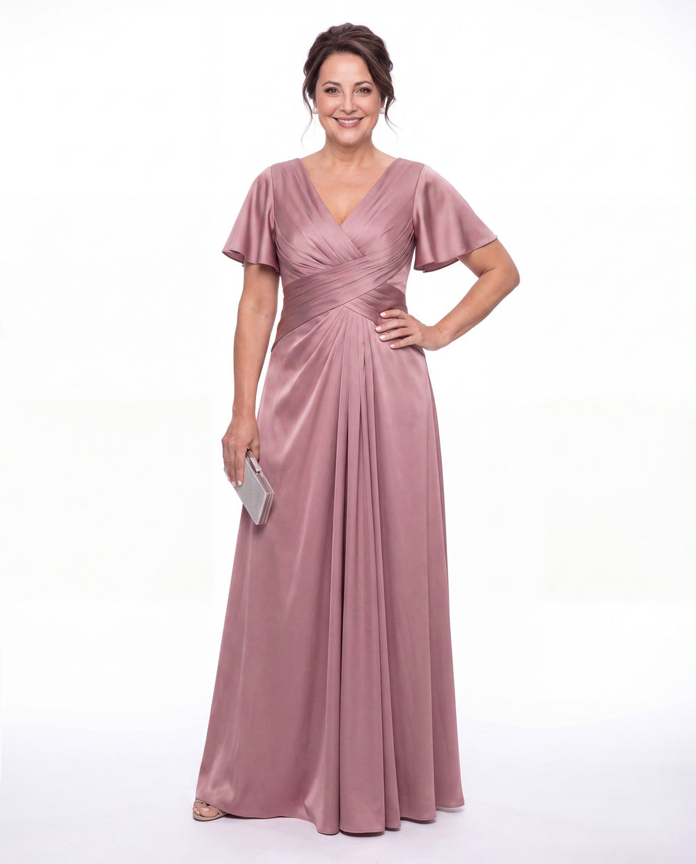V Neck Ruched Satin A-Line Maxi Gown - Detail View 3