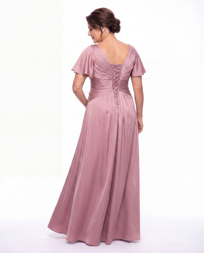 V Neck Ruched Satin A-Line Maxi Gown - Detail View 4