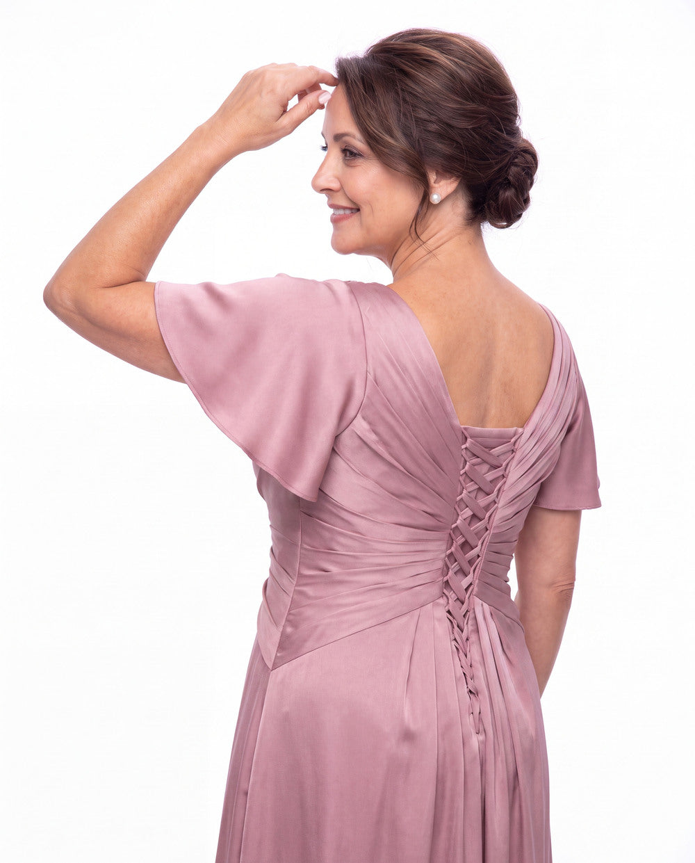 V Neck Ruched Satin A-Line Maxi Gown - Detail View 5